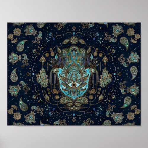 Hamsa Hand _Hand of Fatima Blue Gemstones Poster