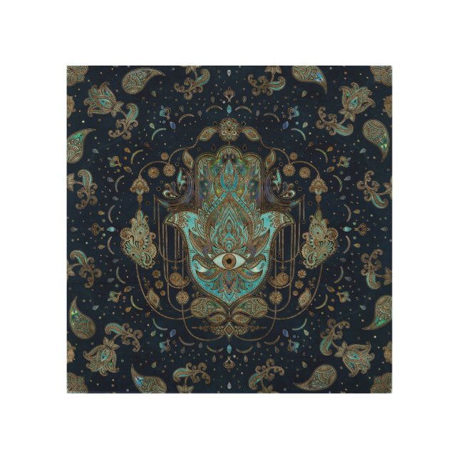 Hamsa Hand -Hand of Fatima Blue Gemstones Wood Wall Art (Front)
