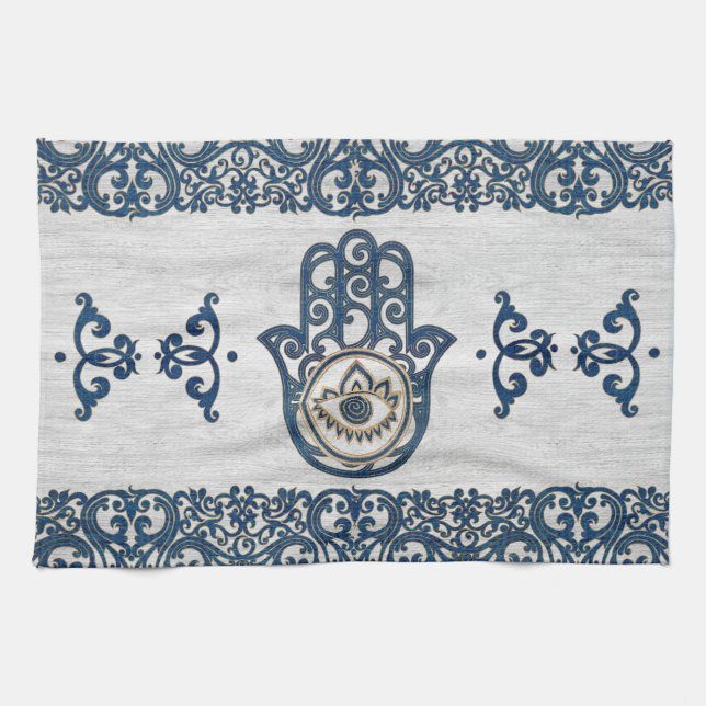Hamsa Hand - Hand of Fatima blue wood Kitchen Towel (Horizontal)