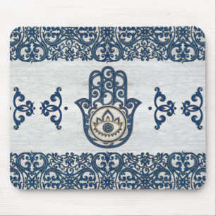 Hamsa Hand - Hand of Fatima blue wood Mouse Pad