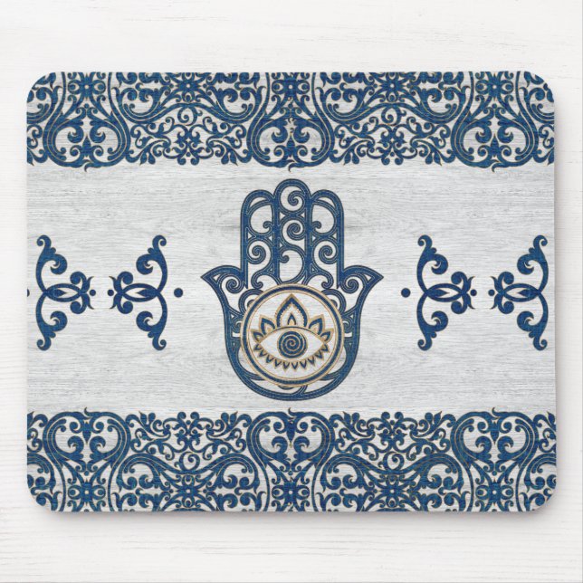 Hamsa Hand - Hand of Fatima blue wood Mouse Pad (Front)