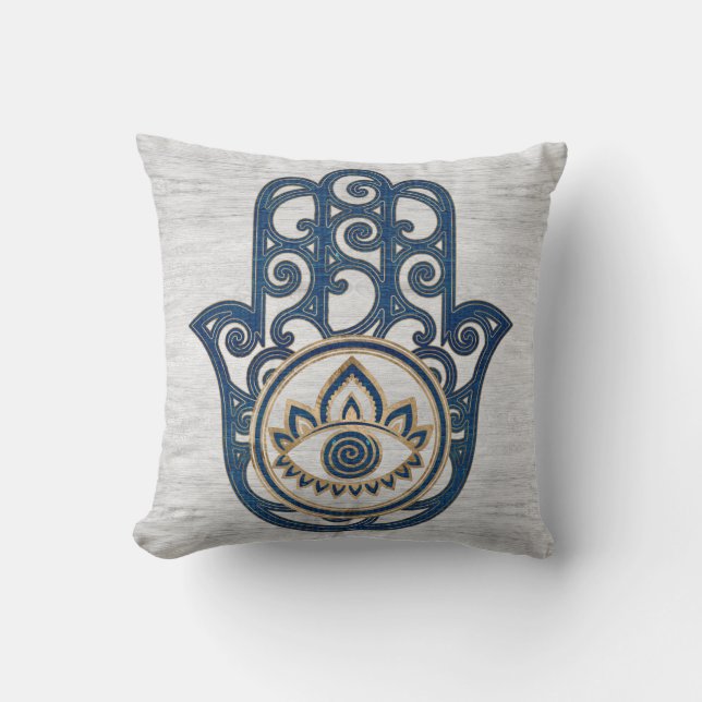 Hamsa Hand - Hand of Fatima blue wood Throw Pillow (Front)