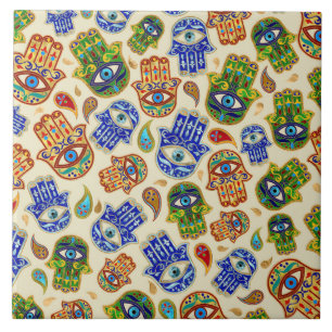Hamsa Hand - Hand of Fatima colorful pattern Ceramic Tile