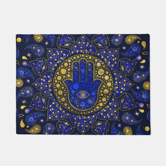 Hamsa Hand -Hand of Fatima Dot Art Lapis Lazuli Doormat (Front)