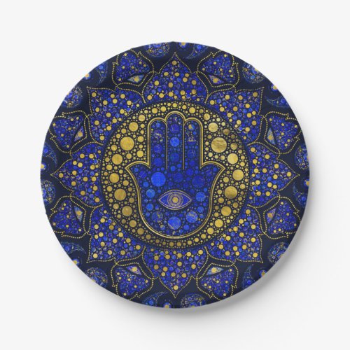 Hamsa Hand _Hand of Fatima Dot Art Lapis Lazuli Paper Plates