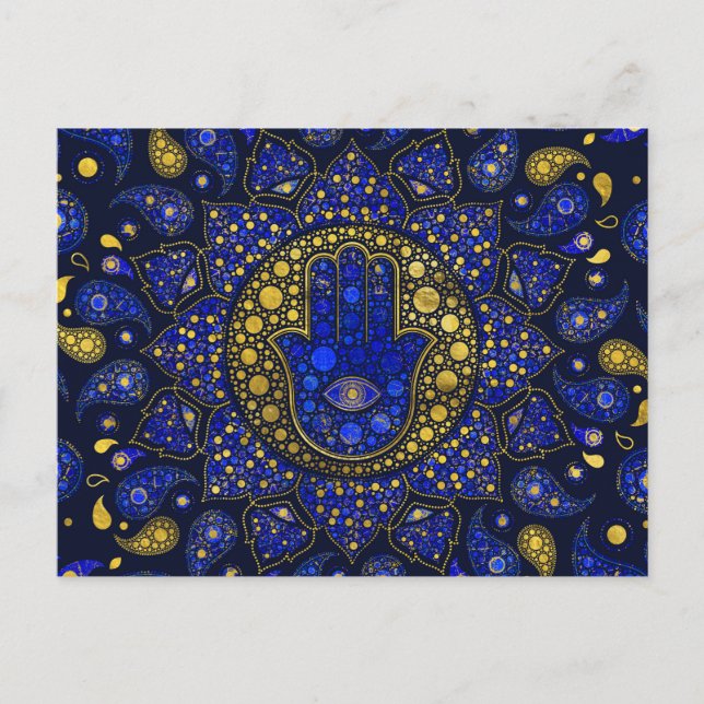 Hamsa Hand -Hand of Fatima Dot Art Lapis Lazuli Postcard (Front)