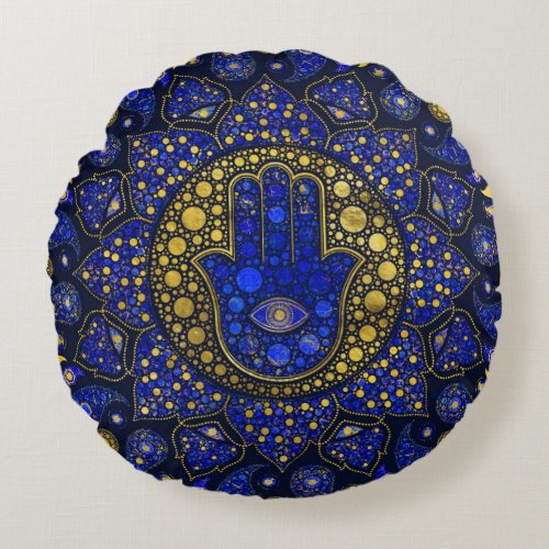 Hamsa Hand _Hand of Fatima Dot Art Lapis Lazuli Round Pillow