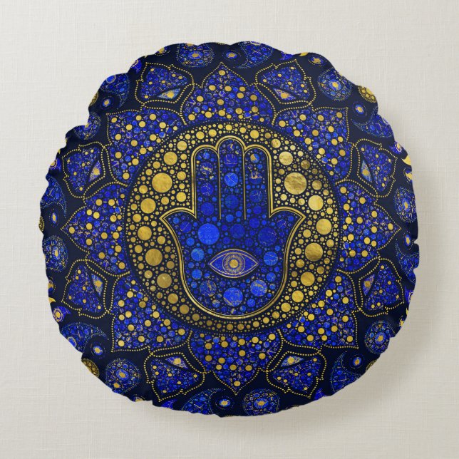 Hamsa Hand -Hand of Fatima Dot Art Lapis Lazuli Round Pillow (Front)