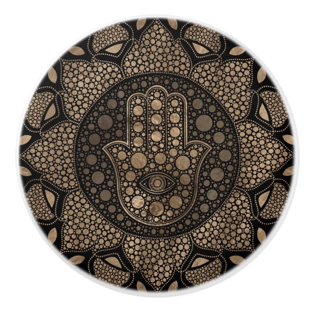 Hamsa Hand -Hand of Fatima in Lotus mandala Ceramic Knob (Front)