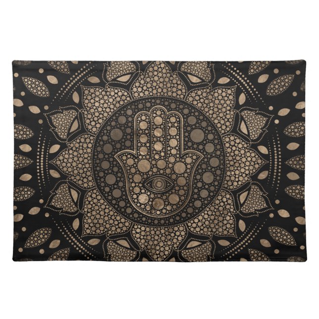 Hamsa Hand -Hand of Fatima in Lotus mandala Cloth Placemat (Front)