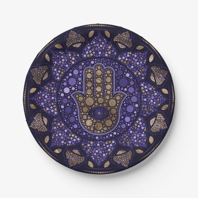 Hamsa Hand -Hand of Fatima in Lotus mandala Paper Plates (Front)