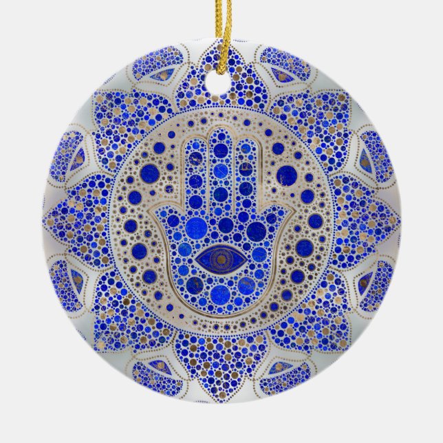 Hamsa Hand -Hand of Fatima on Mother of Pearl Ceramic Ornament (Front)