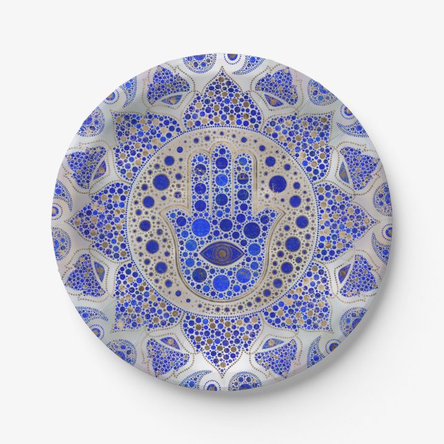 Hamsa Hand -Hand of Fatima on Mother of Pearl Paper Plates (Front)