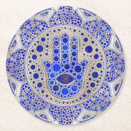 Hamsa Hand _Hand of Fatima on Mother of Pearl Round Paper Coaster