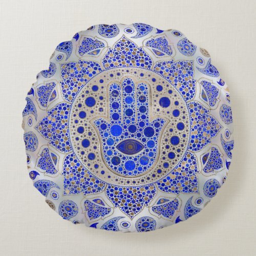 Hamsa Hand _Hand of Fatima on Mother of Pearl Round Pillow