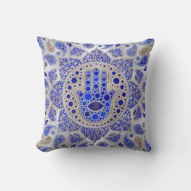 Hamsa Hand -Hand of Fatima on Mother of Pearl Throw Pillow (Front)