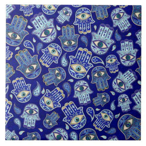 Hamsa Hand _ Hand of Fatima pattern Blue Minerals Ceramic Tile