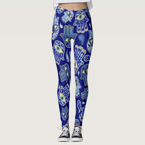 Hamsa Hand _ Hand of Fatima pattern Blue Minerals Leggings