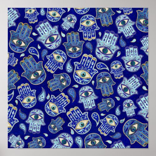 Hamsa Hand _ Hand of Fatima pattern Blue Minerals Poster