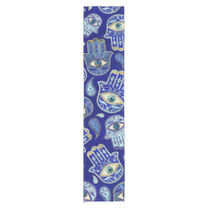 Hamsa Hand - Hand of Fatima pattern Blue Minerals Short Table Runner