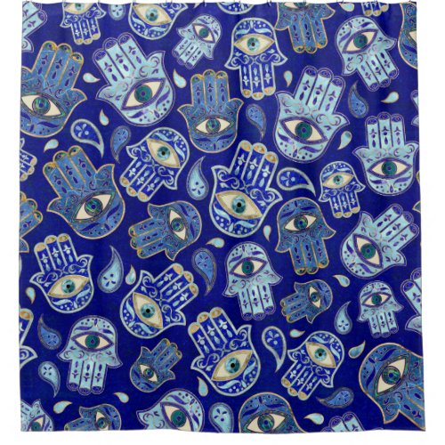 Hamsa Hand _ Hand of Fatima pattern Blue Minerals Shower Curtain