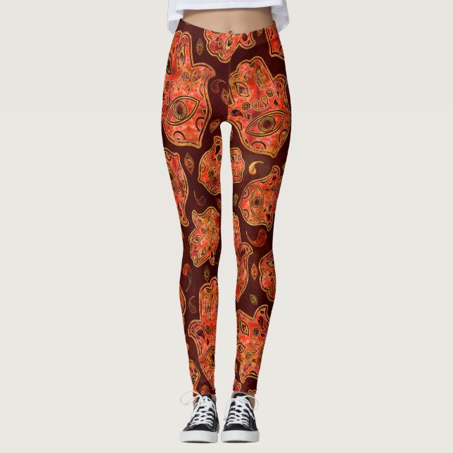 Hamsa Hand -Hand of Fatima pattern reds Leggings (Front)