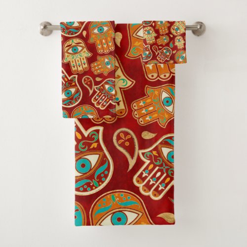 Hamsa Hand _ Hand of Fatima Teal Terracotta Bath Towel Set