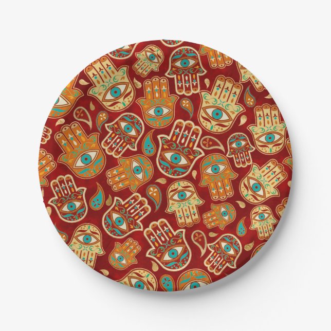 Hamsa Hand - Hand of Fatima Teal Terracotta Paper Plates (Front)