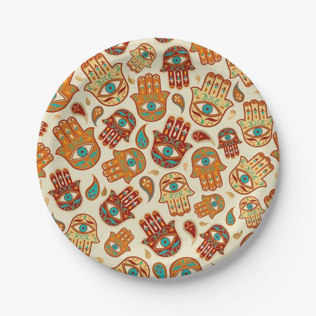 Hamsa Hand - Hand of Fatima Teal Terracotta Paper Plates (Front)
