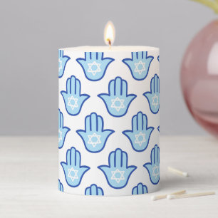 Hamsa Hand Hanukkah Home Decor Blue Star of David Pillar Candle