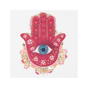 Hamsa Hand_Magenta_Cream Metal Print