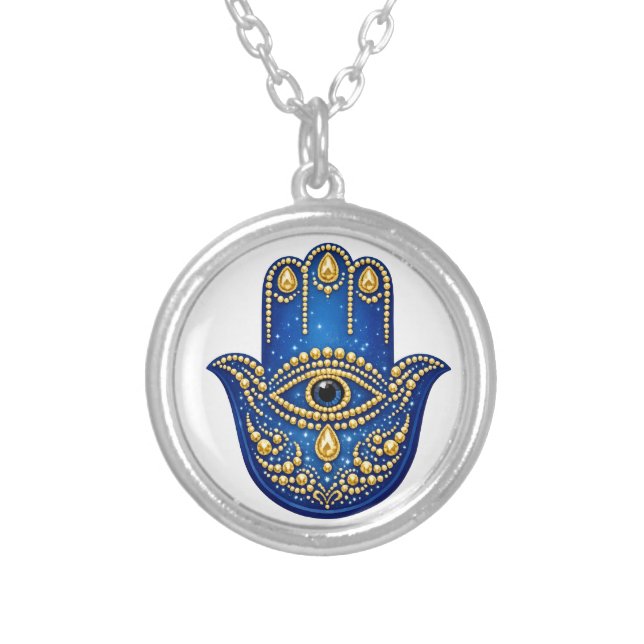 Hamsa Hand Necklace with Evil Eye, Blue Gold Prote (Front)