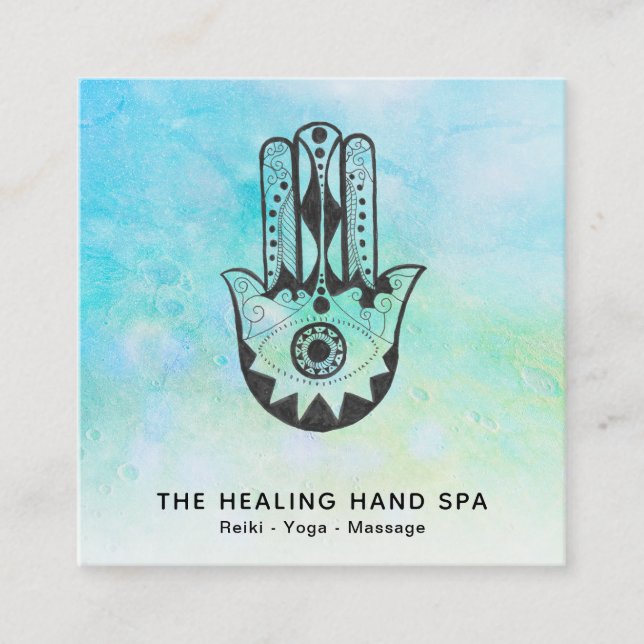 *~* Hamsa - Hand of Fatima - Craters of Moon Yoga Square Business Card (Front)