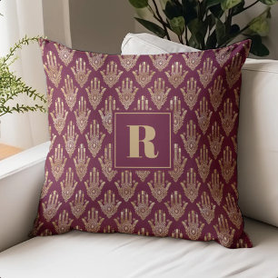 Hamsa Hand Pattern Monogram Burgundy Gold Throw Pillow