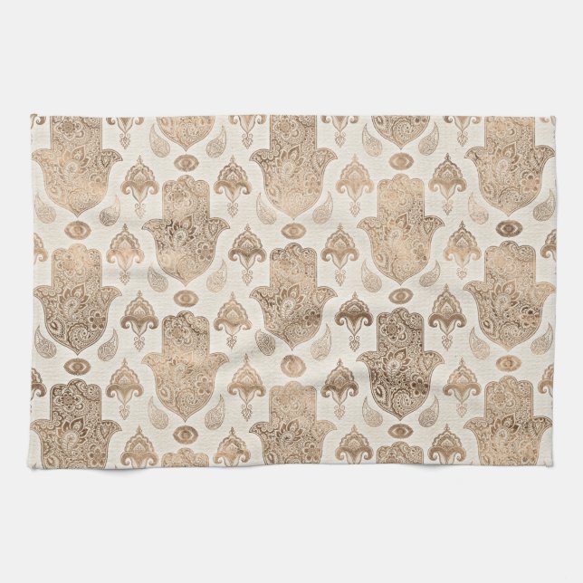 Hamsa Hand Pattern Pastel Gold Kitchen Towel (Horizontal)