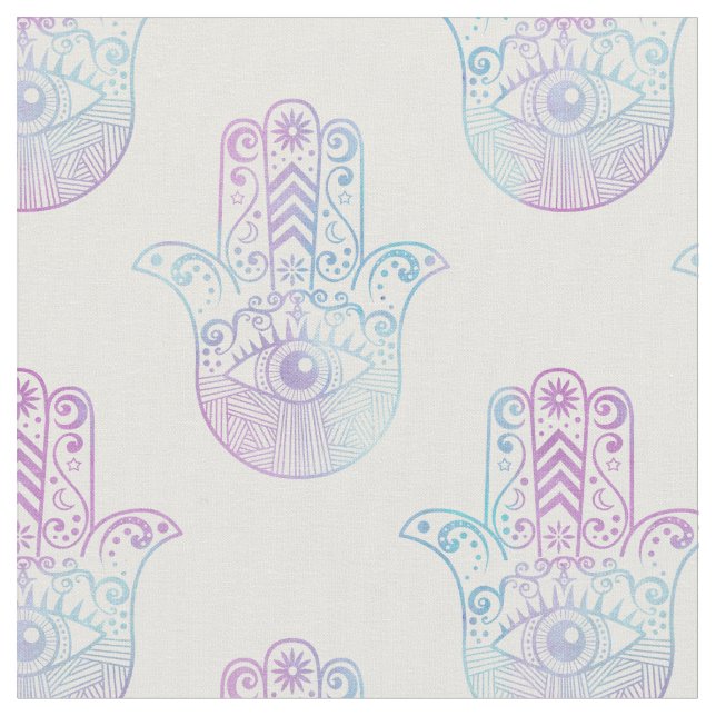 Hamsa Hand Pattern Purple and Blue Fabric (Close Up)