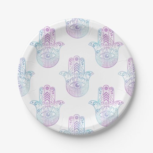 Hamsa Hand Pattern Purple and Blue Paper Plates