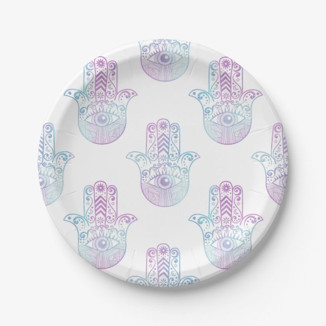 Hamsa Hand Pattern Purple and Blue Paper Plates (Front)