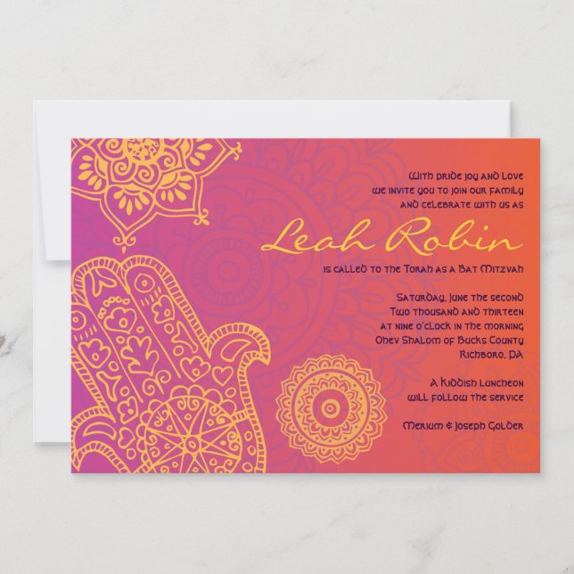 HAMSA HAND Red Orange Bat Mitzvah Invitation (Front)