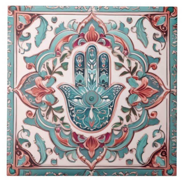 Hamsa Hand Symbol - Aqua Turquoise Hand of Fatima Ceramic Tile (Front)