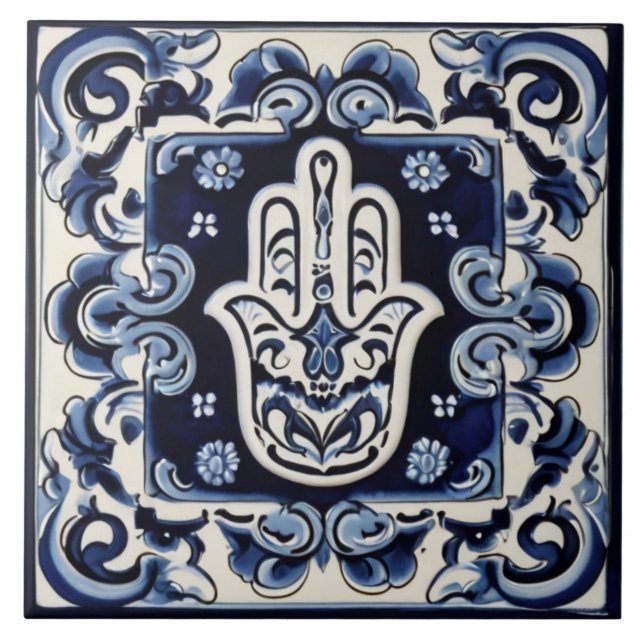 Hamsa Hand Symbol - Blue and White Hand of Fatima Ceramic Tile (Front)