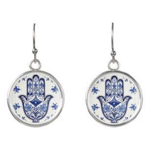 Hamsa Hand Symbol - Blue and White Hand of Fatima Earrings