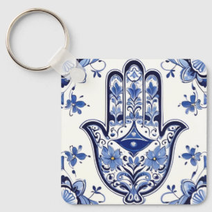 Hamsa Hand Symbol - Blue and White Hand of Fatima Keychain