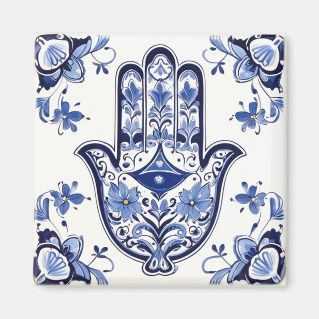 Hamsa Hand Symbol - Blue and White Hand of Fatima Magnet (Front)