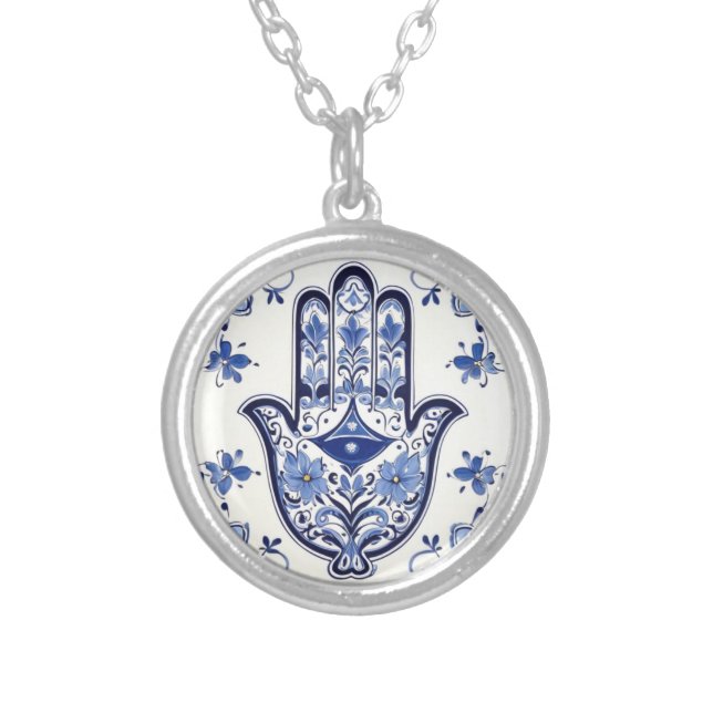 Hamsa Hand Symbol - Blue and White Hand of Fatima Silver Plated Necklace (Front)