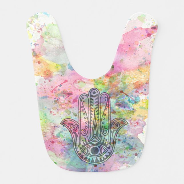 HAMSA Hand Symbol Colorful Watercolor Baby Bib (Front)