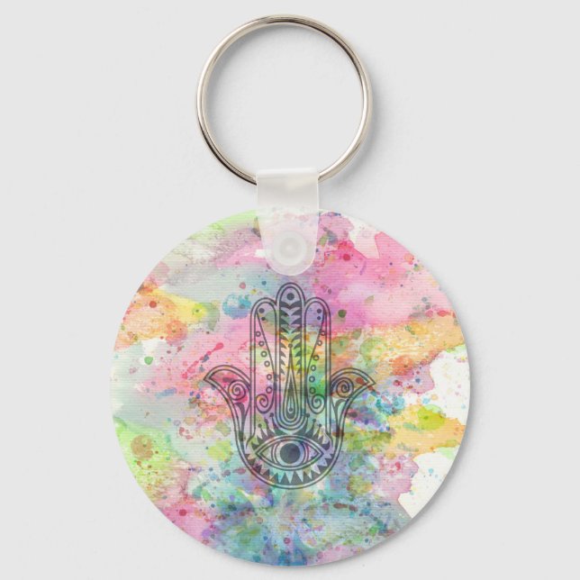 HAMSA Hand Symbol Colorful Watercolor Keychain (Front)