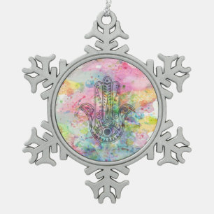 HAMSA Hand Symbol Colorful Watercolor Snowflake Pewter Christmas Ornament
