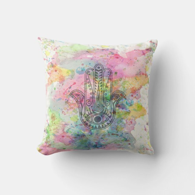 HAMSA Hand Symbol Colorful Watercolor Throw Pillow (Front)