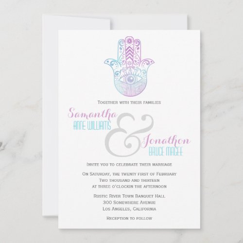 Hamsa Hand Wedding Purple and Blue Invitation